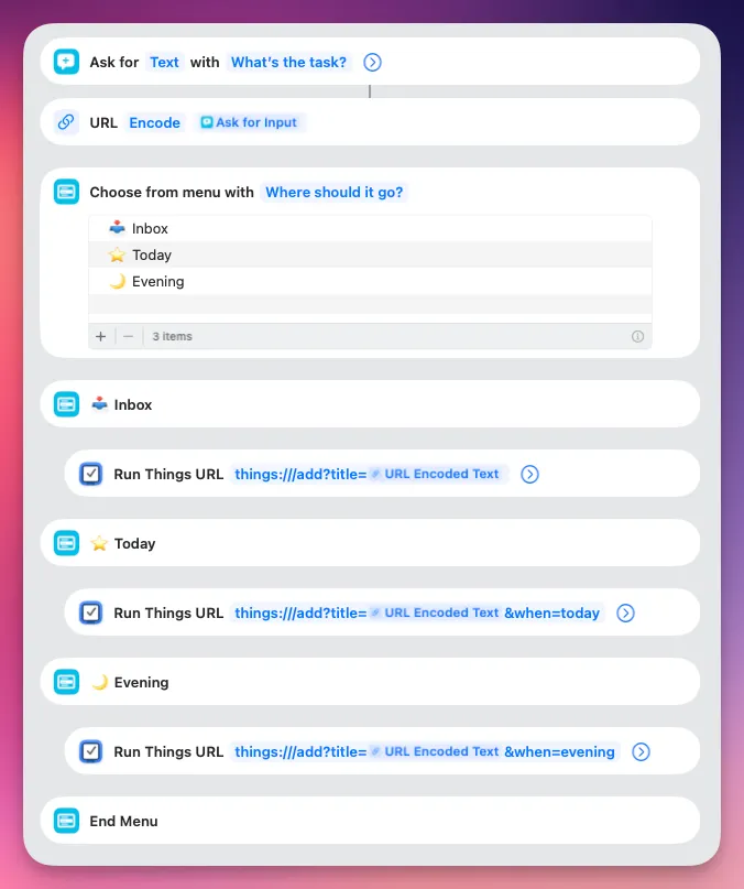 Full shortcut with Inbox, Today, and Evening options