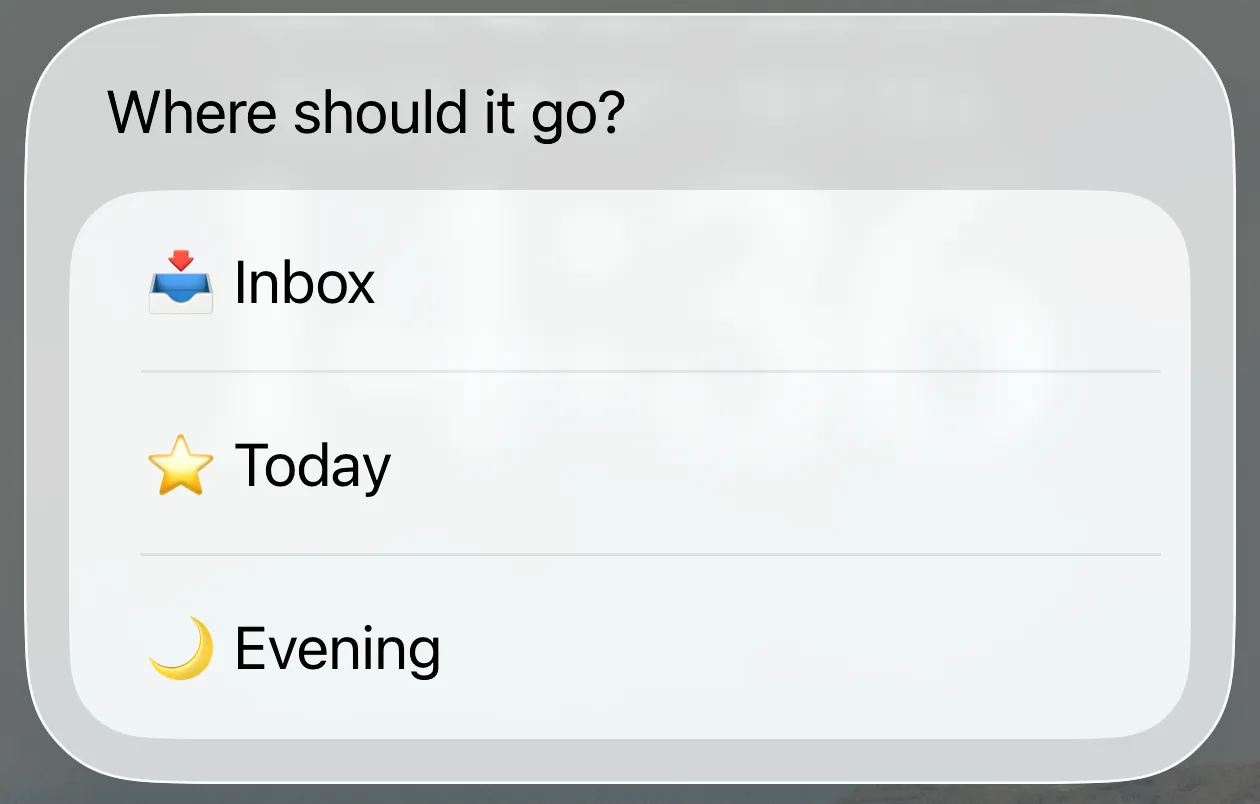 Inbox, Today, and Evening destination menu